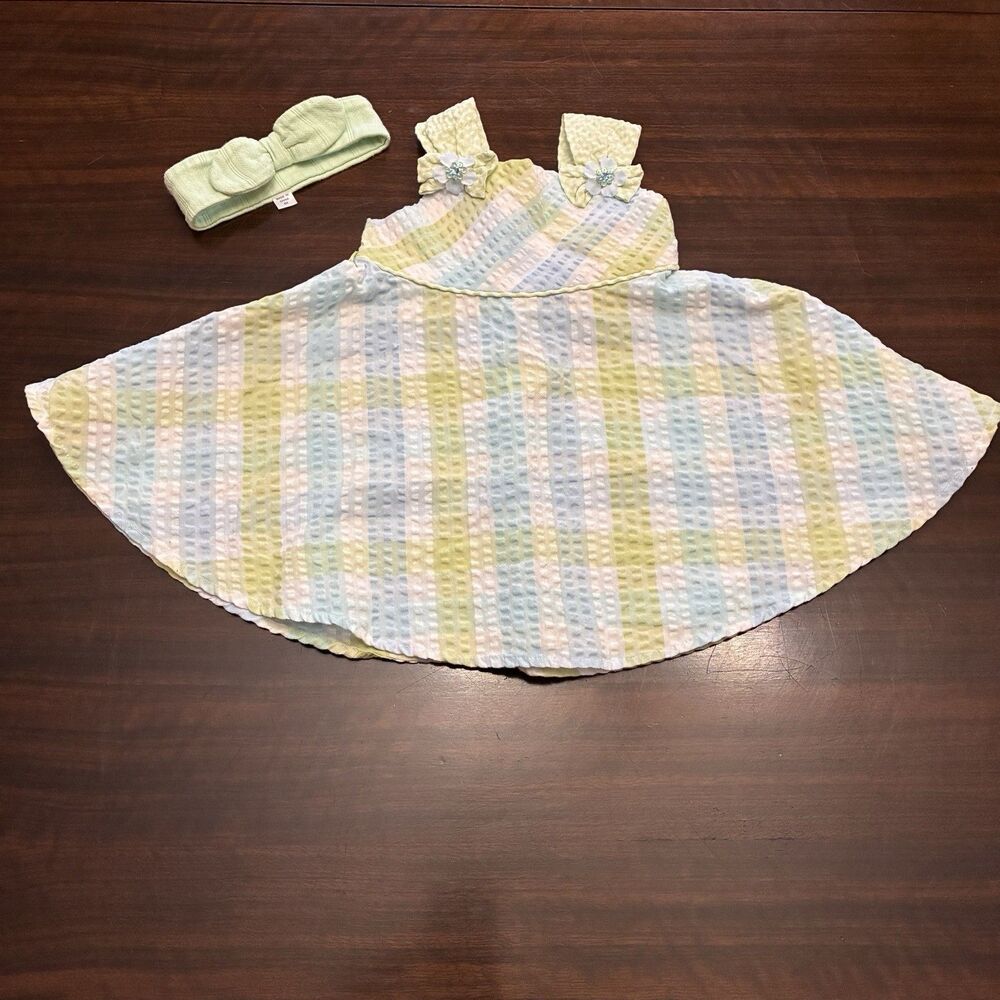 Bonnie Baby Pastel Blue, Green & White Seer Sucker Sun Dress W/ Bow. Size 12 Mth